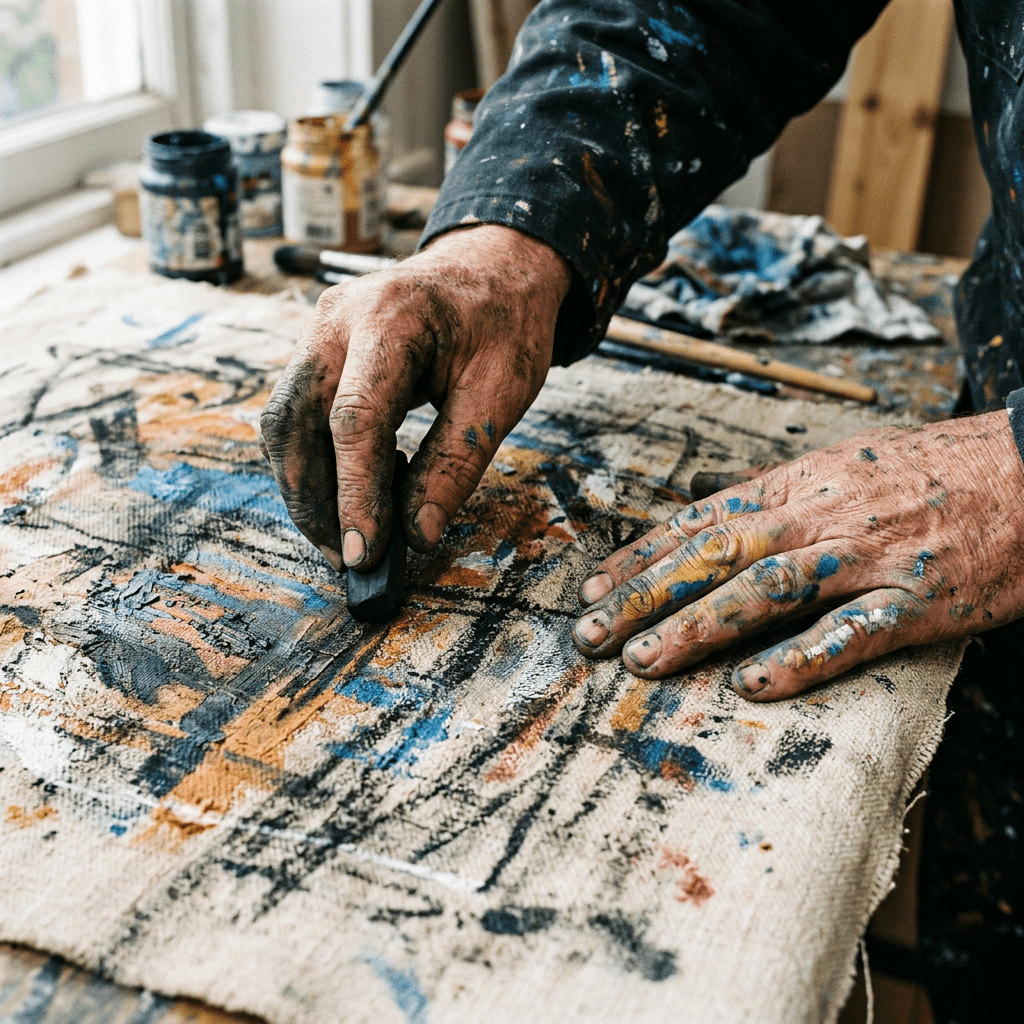 Hands of an artist applying charcoal on a colorful abstract painting